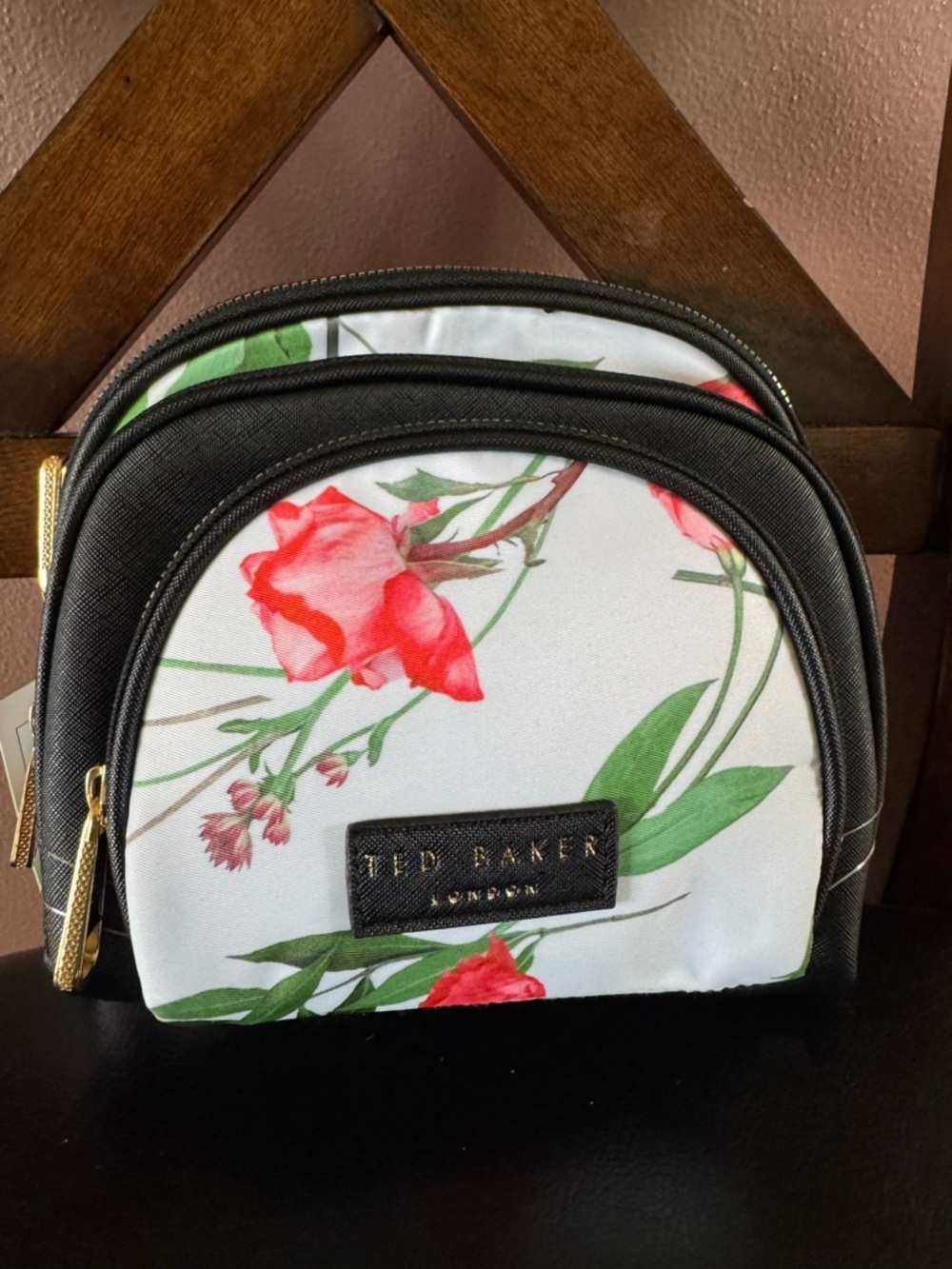 Ted Baker Black & Floral Zip Cosmetic Pouch with Gold Hardware